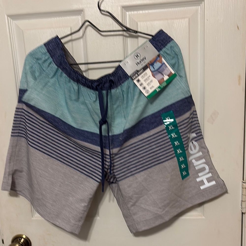 Hurley Men's Striped Drawstring Swim Shorts - Teal/Gray XL